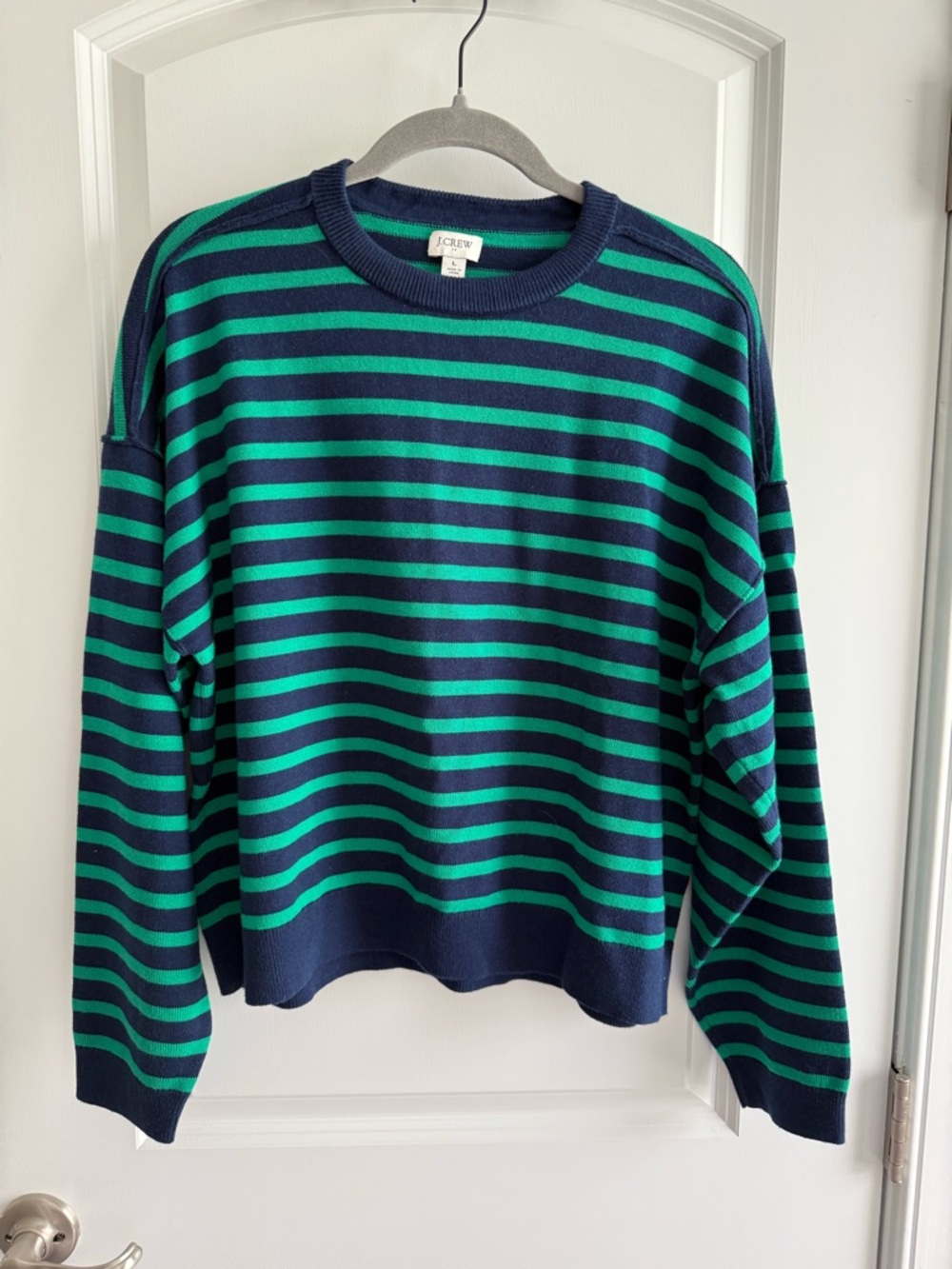 J. Crew Navy and Green Striped Crewneck Sweater